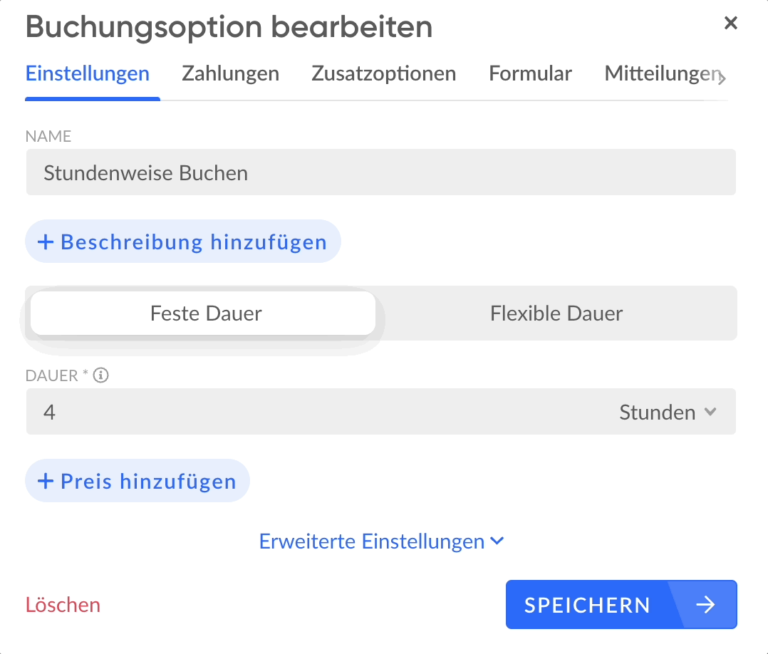 Beschreibe, wie deine Ressource gebucht werden kann. Dabei gibt es keine Grenzen: Add-Ons, Online-Bezahlung, flexible Zeiträumen oder auch Formulare, um bei Buchung Informationen über den Kunden abzufragen.